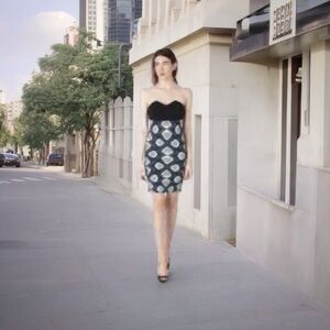 ROLAND MOURET Blue & Black Stretch Bodycon Corset Bustier Mini Dress SZ 4